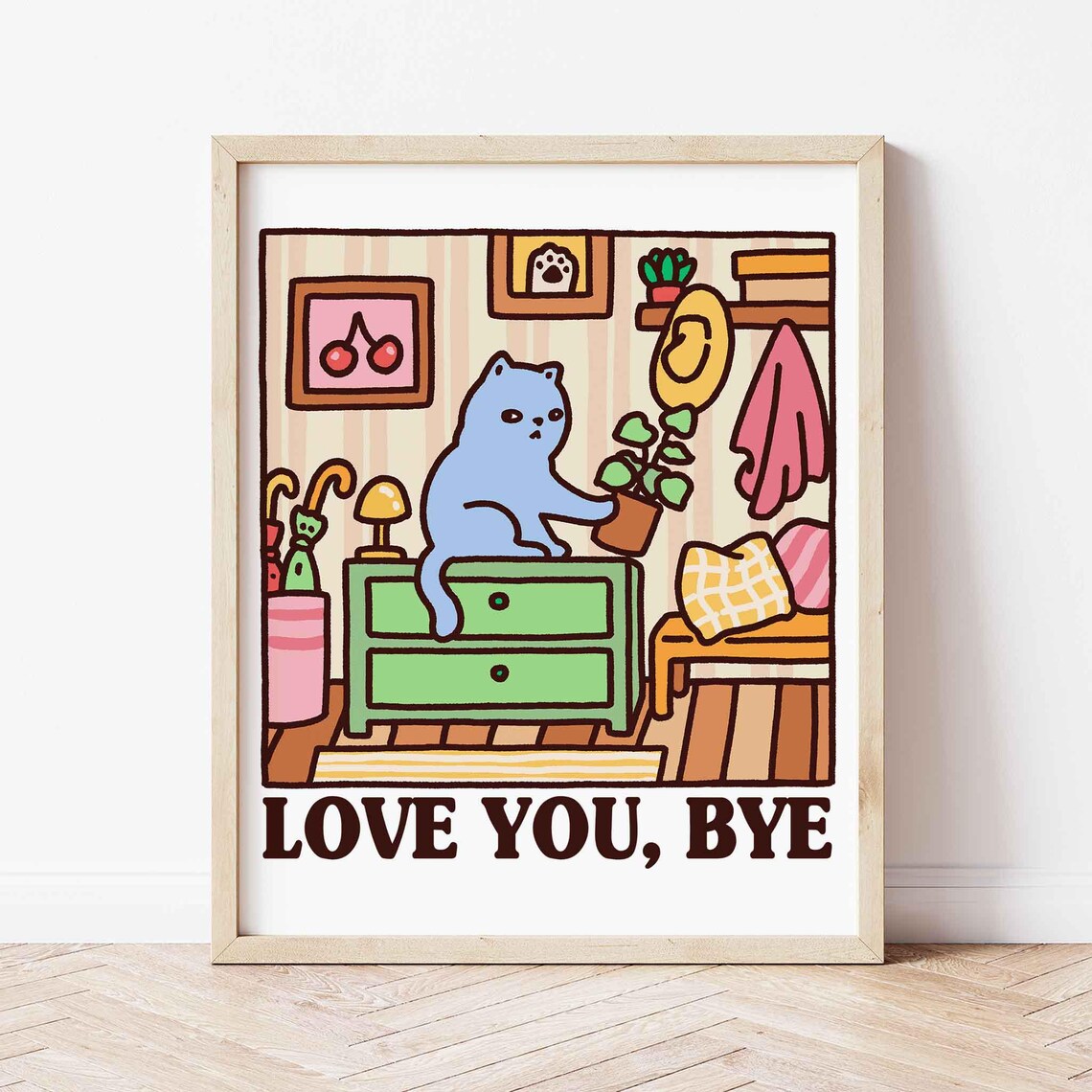 Blue Grey Cat Love You Bye Cozy Kawaii Illustration Art Poster