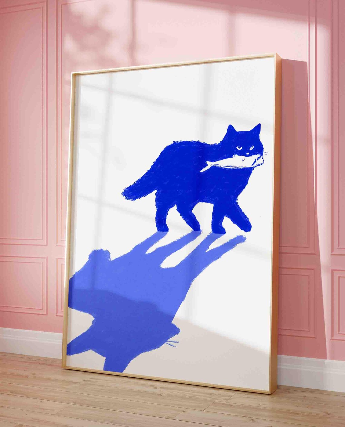 Cat Wall Blue Print With Fish, Funny Art Print