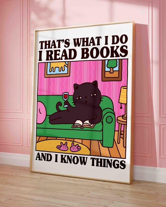 Black Cat With A Book On Sofa Cute Quirky Print Bistro Poster Prints Gift For An Avid Reader Lover Art Funny Kitten Wine