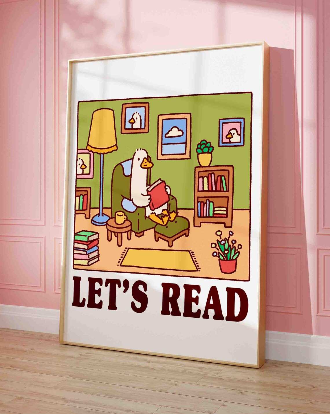 Silly Goose Reading Book Cozy Cartoon Lets Read Kids Room Poster