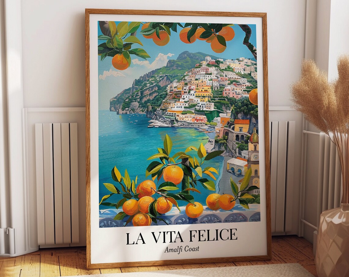 Amalfi Coast Travel Poster, La Vita Felice Art Print