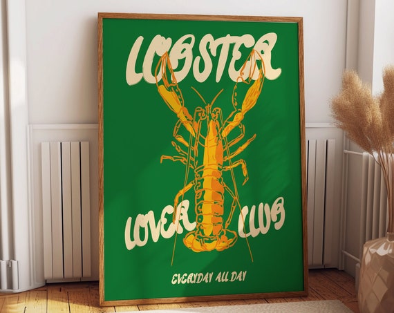 Lobster Lover Club Poster Vibrant Coastal Kitchen Decor Retro Seafood Wall Art For Dining Area Poster Print Or