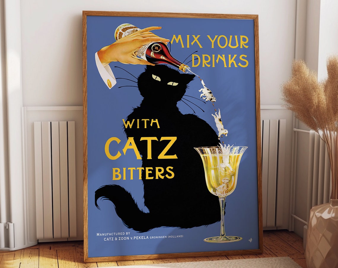 Vintage Black Cat Beer Poster, Quirky Bar Decor