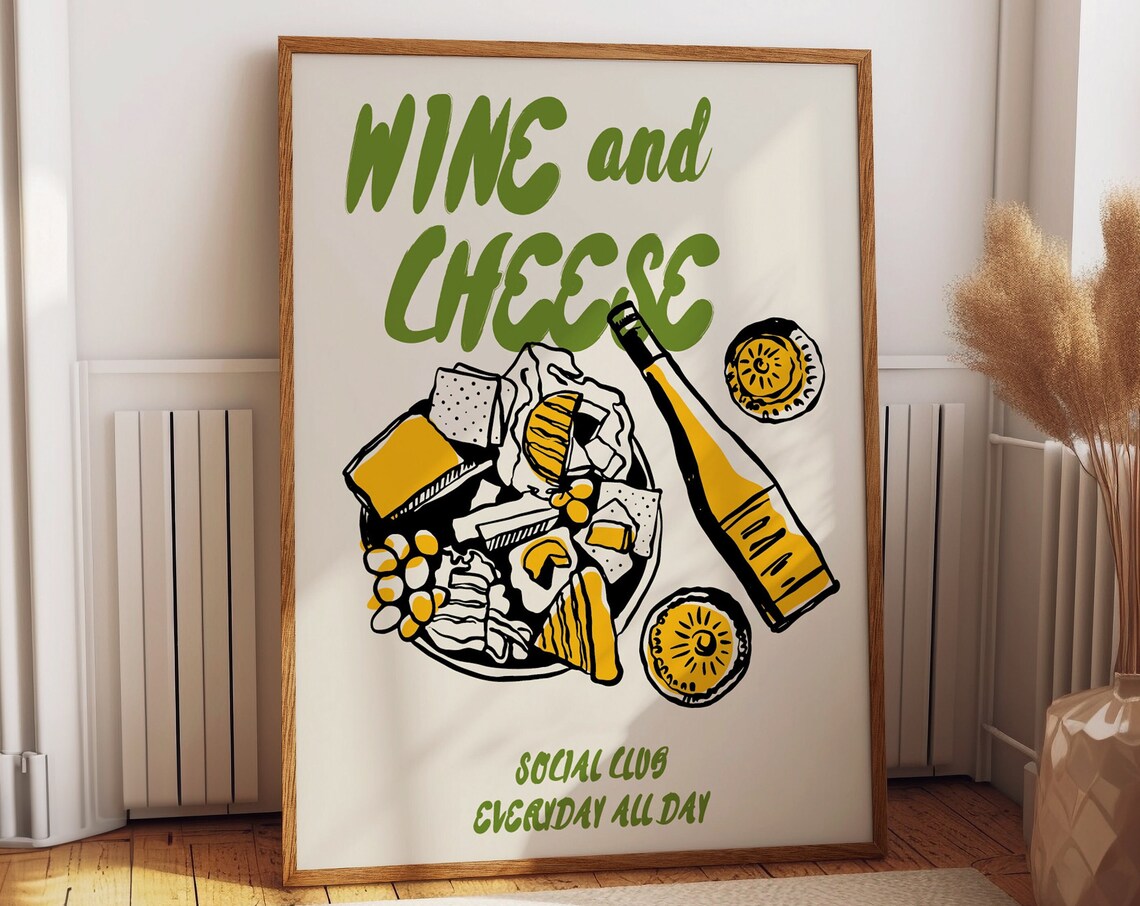 Wine and Cheese Social Club Retro Green Kitchen Wall Decor Poster