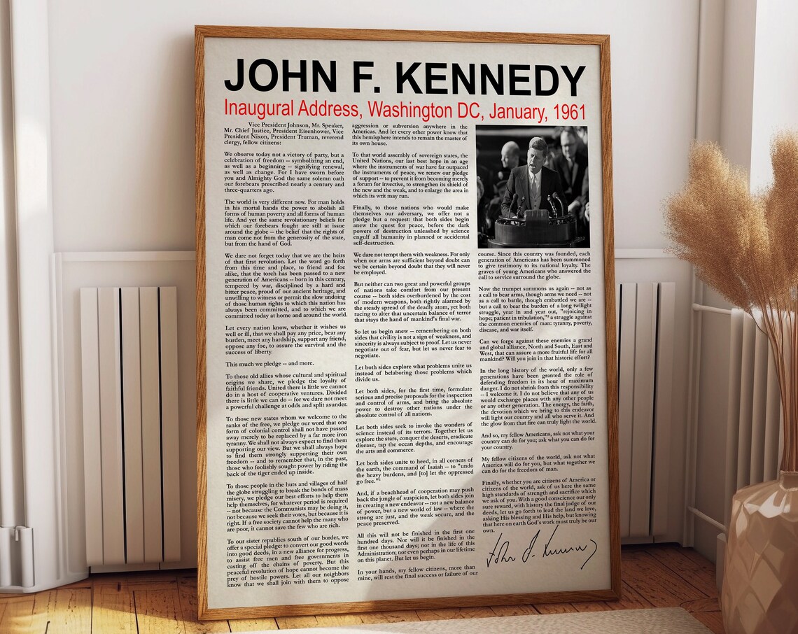 JFK Inauguration Speech 1961 Quote, Poster Print
