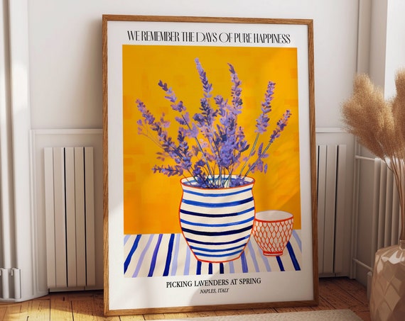 Lavender Wall Art Poster Pure Happiness Naples Springtime Artwork Bold Striped Vase With Vibrant Florals For Joyful Home Decor