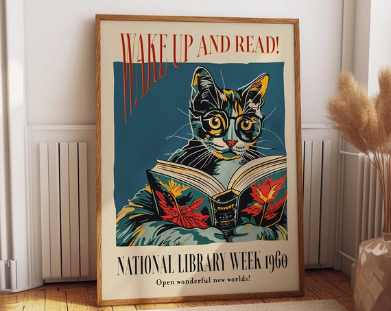 Cat and Book Poster, 1960 National Library Week