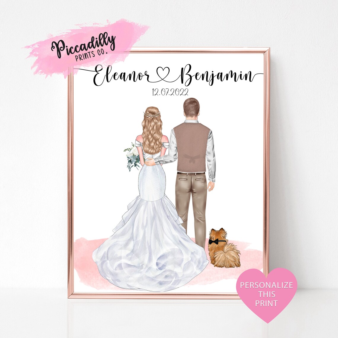 Personalised Wedding Portrait With Pets, Art Print