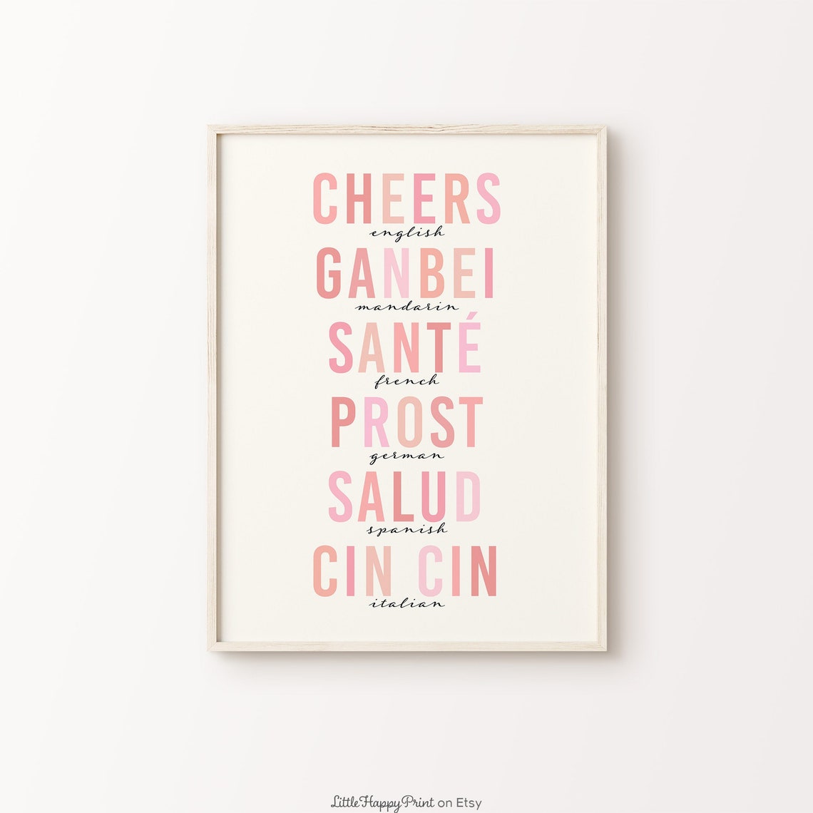 Cheers in 6 Languages Pink Retro Bar Cart Typography Wall Poster
