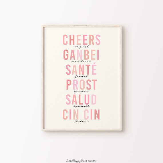 Cheers in 6 Languages Pink Retro Bar Cart Typography Wall Poster