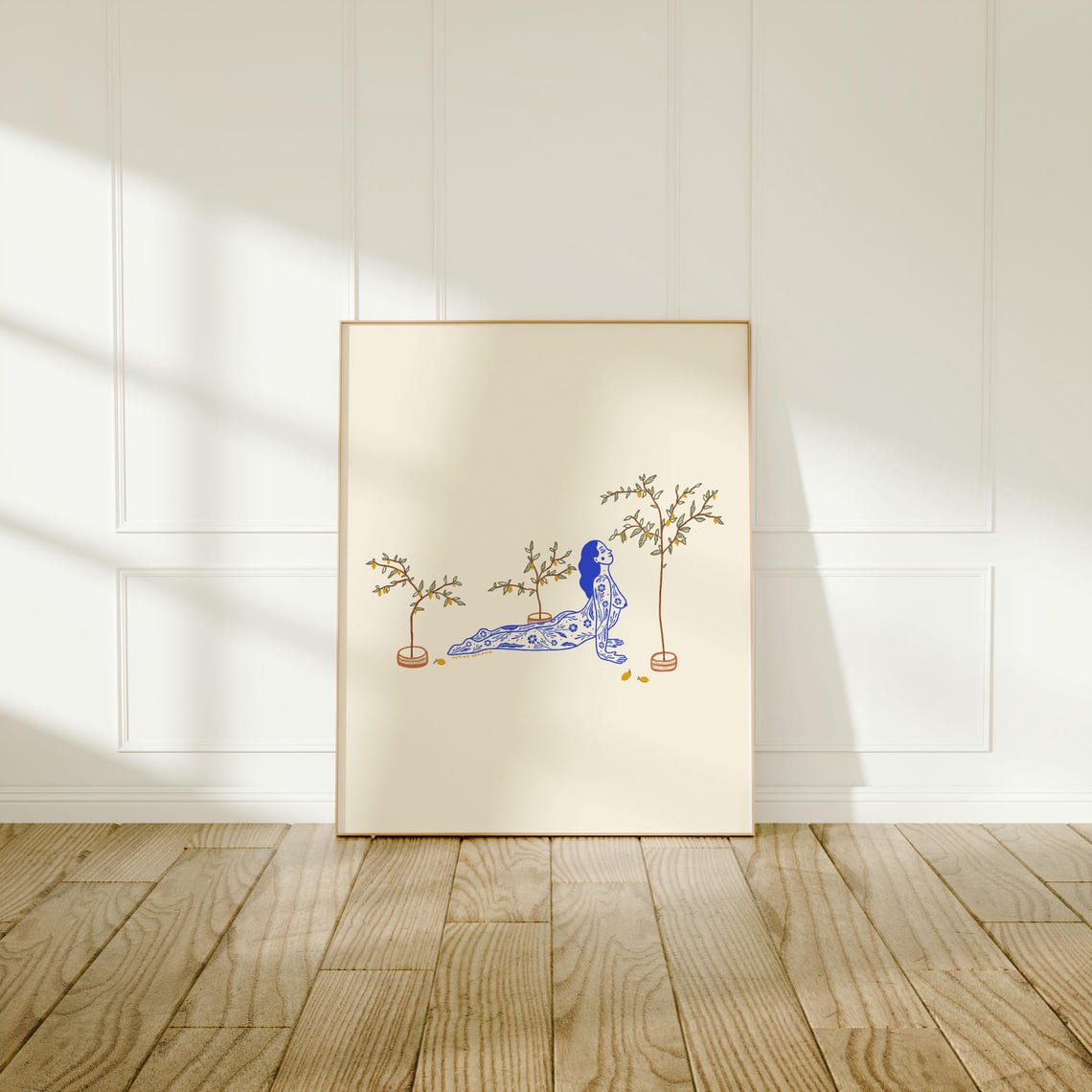Blue Illustrated Woman Reclining Among Lemon Trees Art Poster - Image 3
