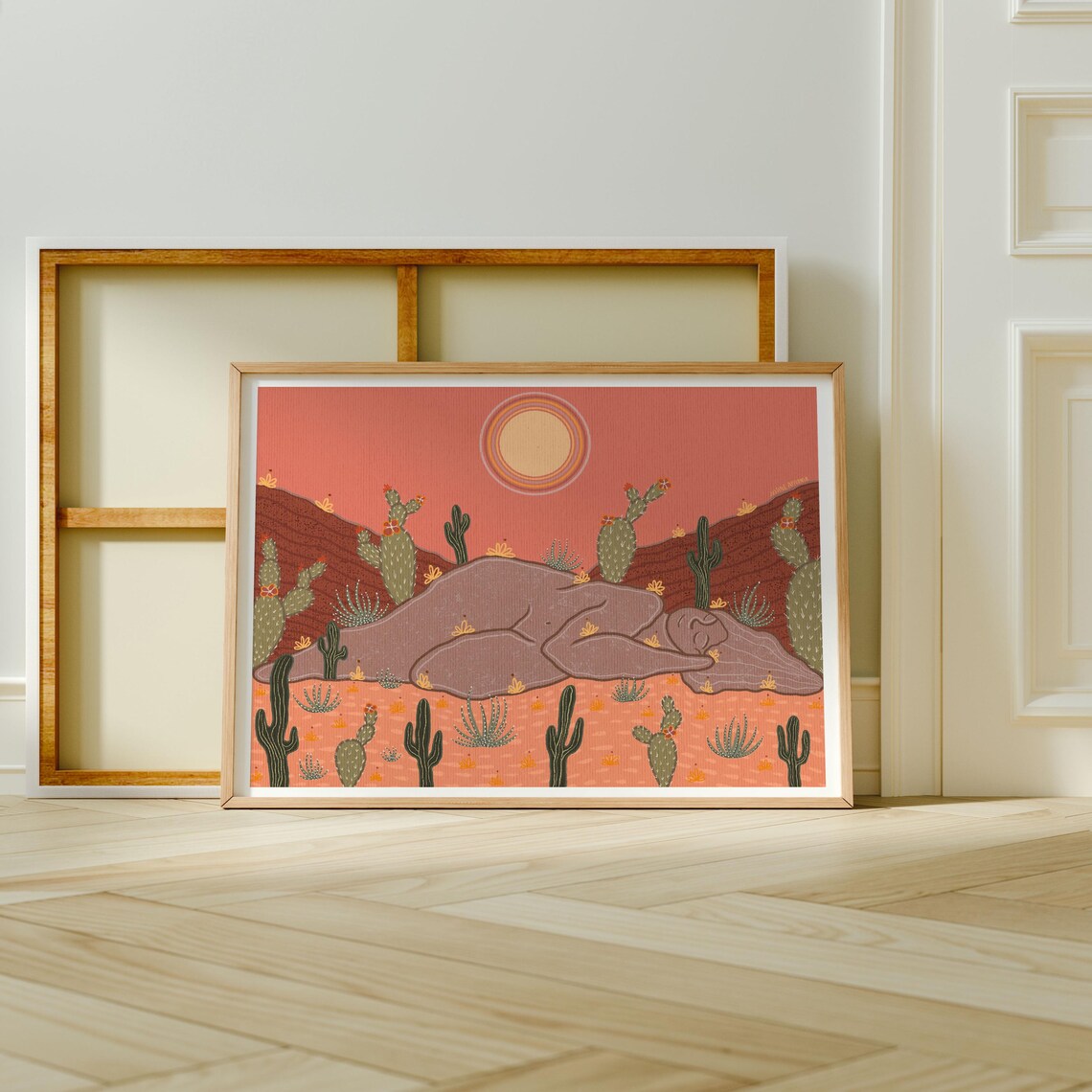 Sleepy Mountain Desert Woman Silhouette Cactus Sunset Art Poster - Image 2