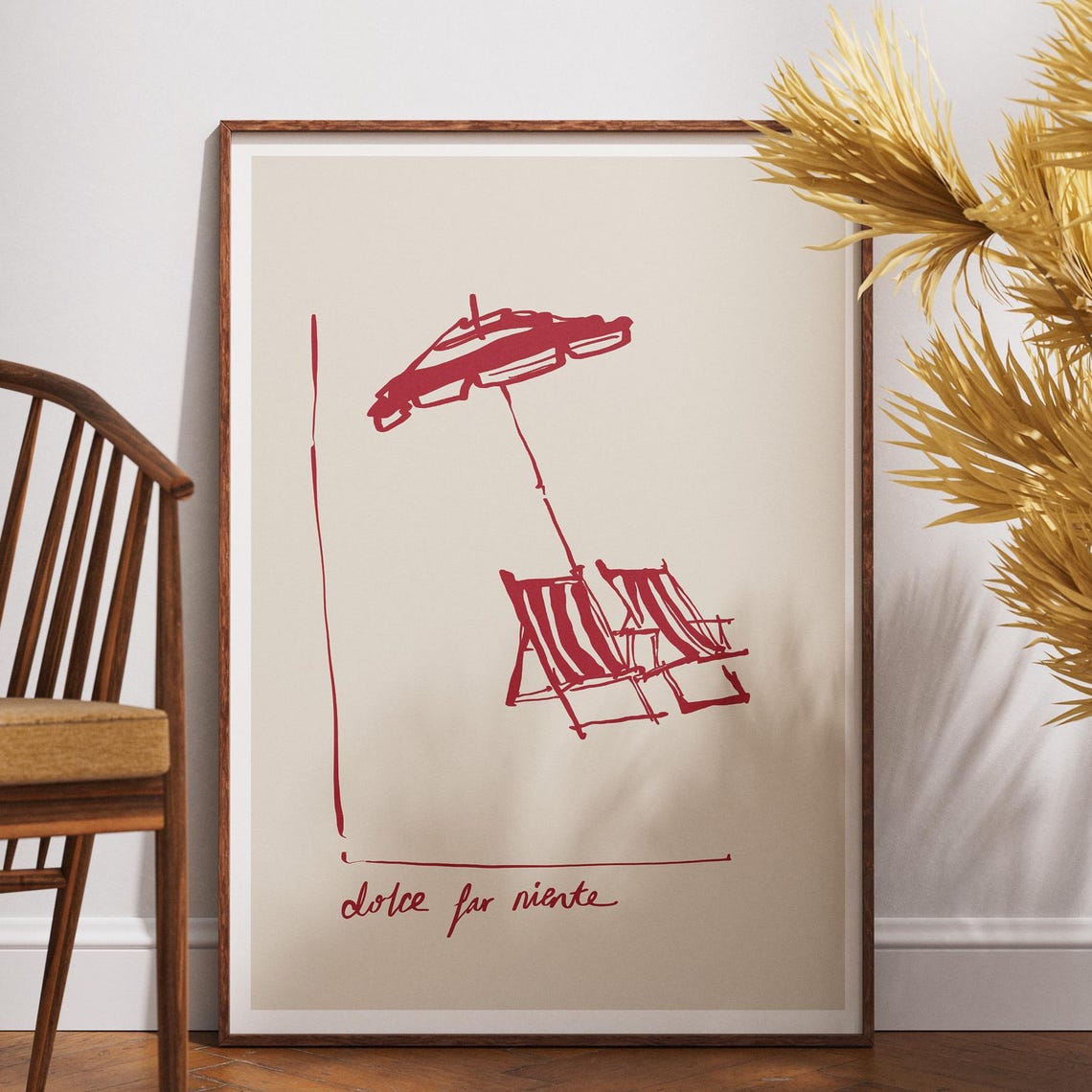 Dolce Far Niente Red Line Beach Chairs Coastal Sketch Art Poster