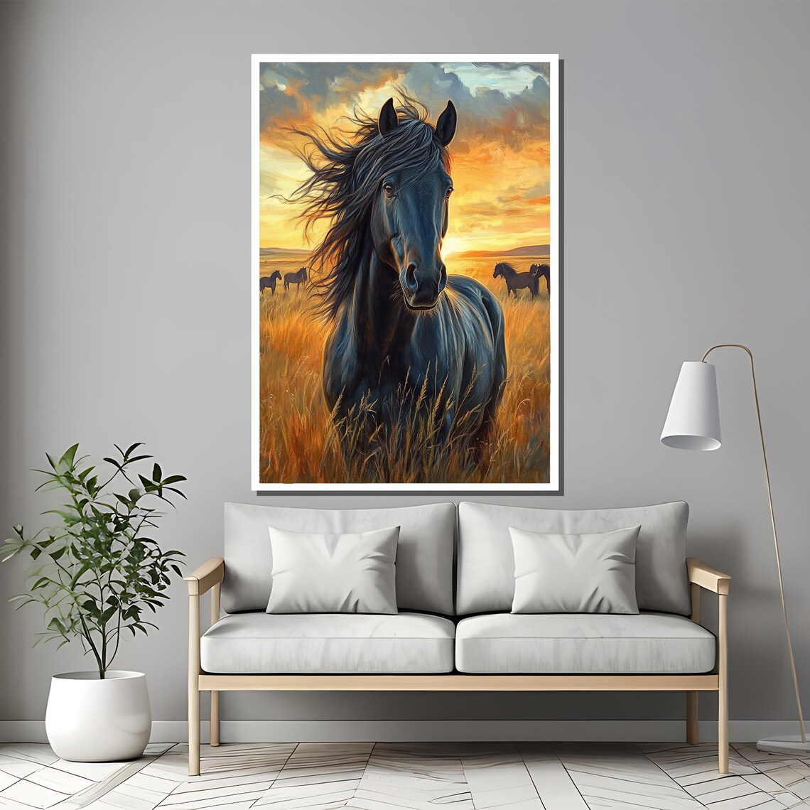 Majestic Black Horse At Sunset In A Golden Meadow Painting Poster - Image 2