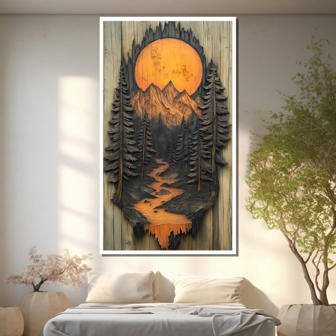 Sunset Carved Wooden Painting Mountain Stream Art Gift For Rustic Nature Decor - Image 2