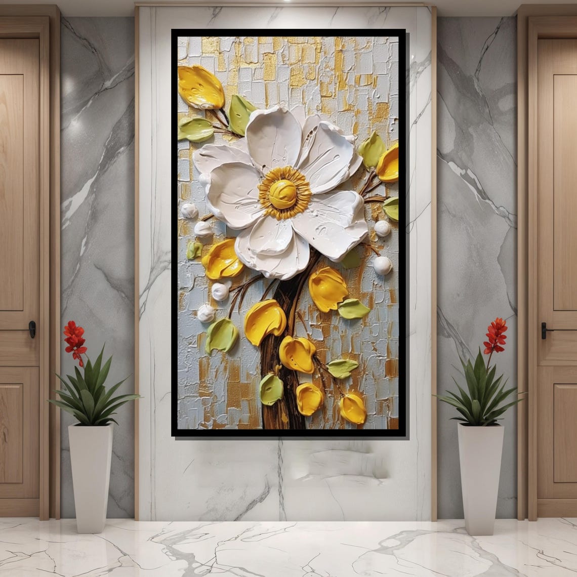 Elegant White Anemone Textured 3D Floral Painting Golden Wall Art - Image 4