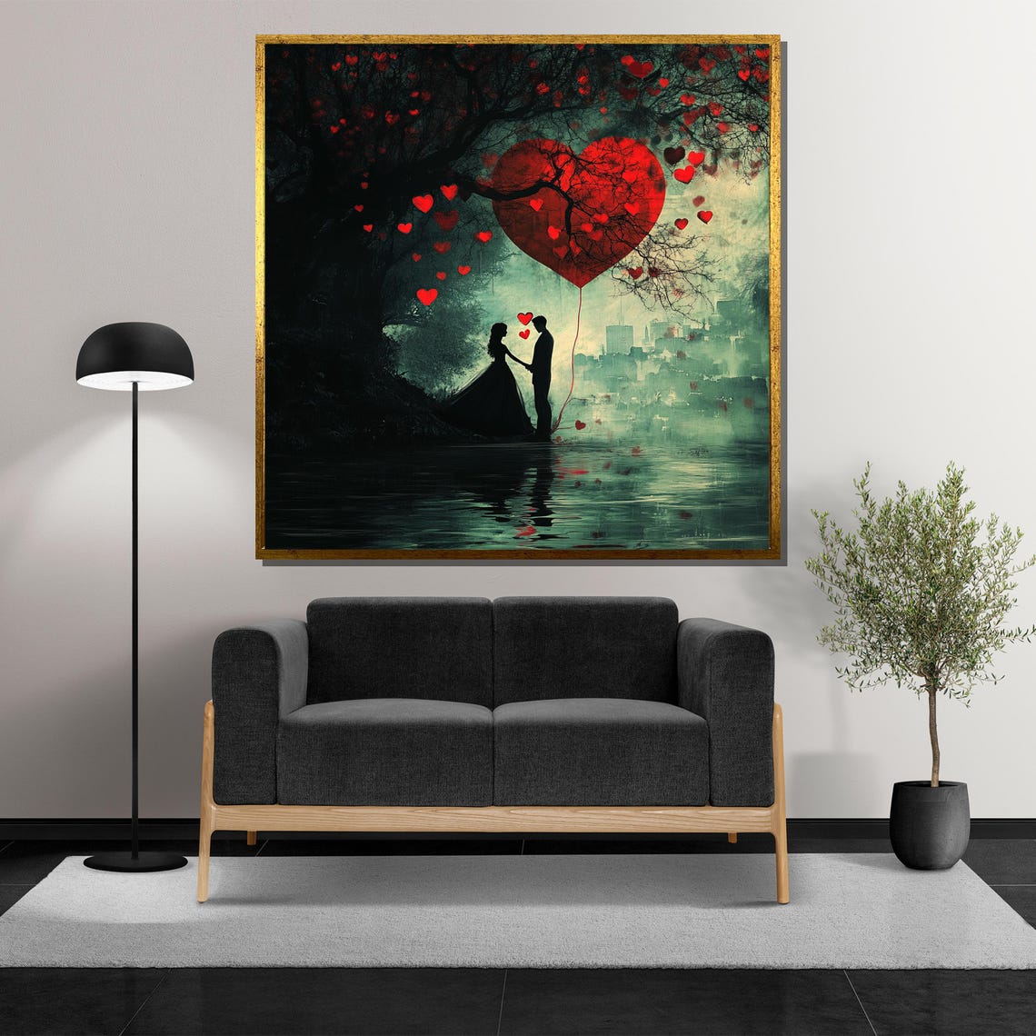 Lovers Silhouette Under Red Heart Tree by Teal Moonlit Lake Poster - Image 5