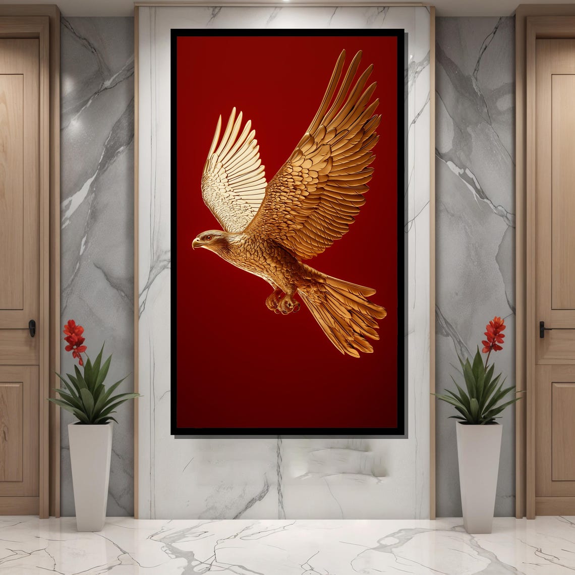 Golden Eagle Sculpture in Flight Against Deep Red Backdrop Poster - Image 4