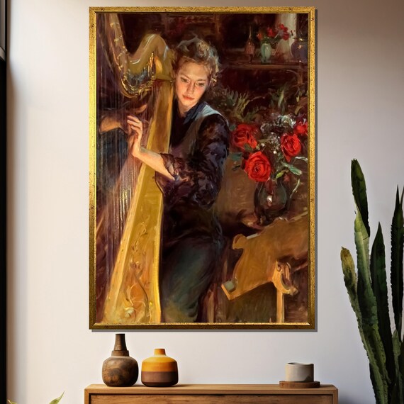 Woman Playing Golden Harp Beside A Vase Of Red Roses Painting Poster