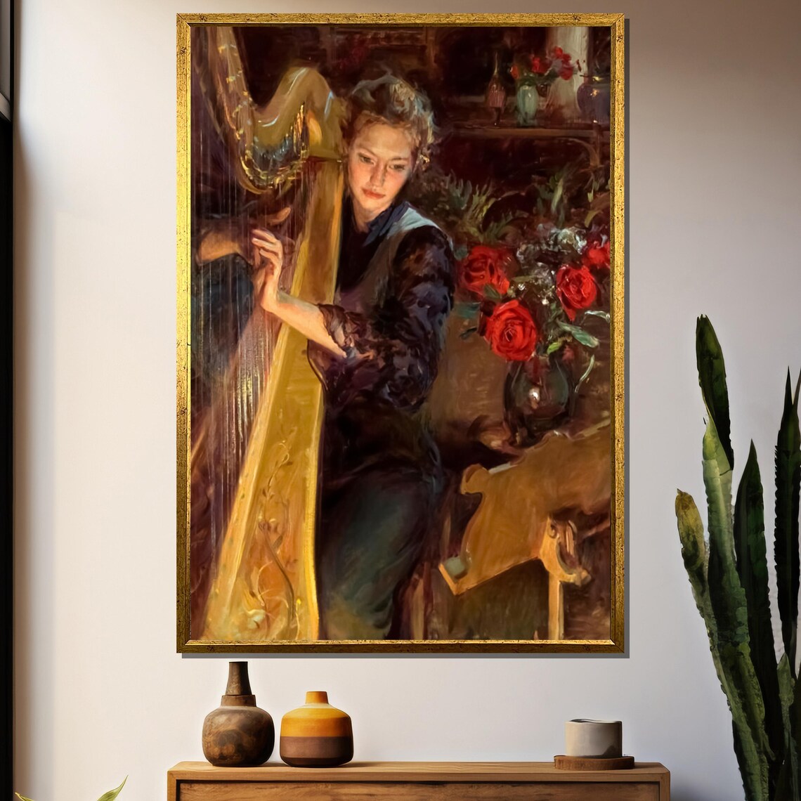 Woman Playing Golden Harp Beside A Vase Of Red Roses Painting Poster