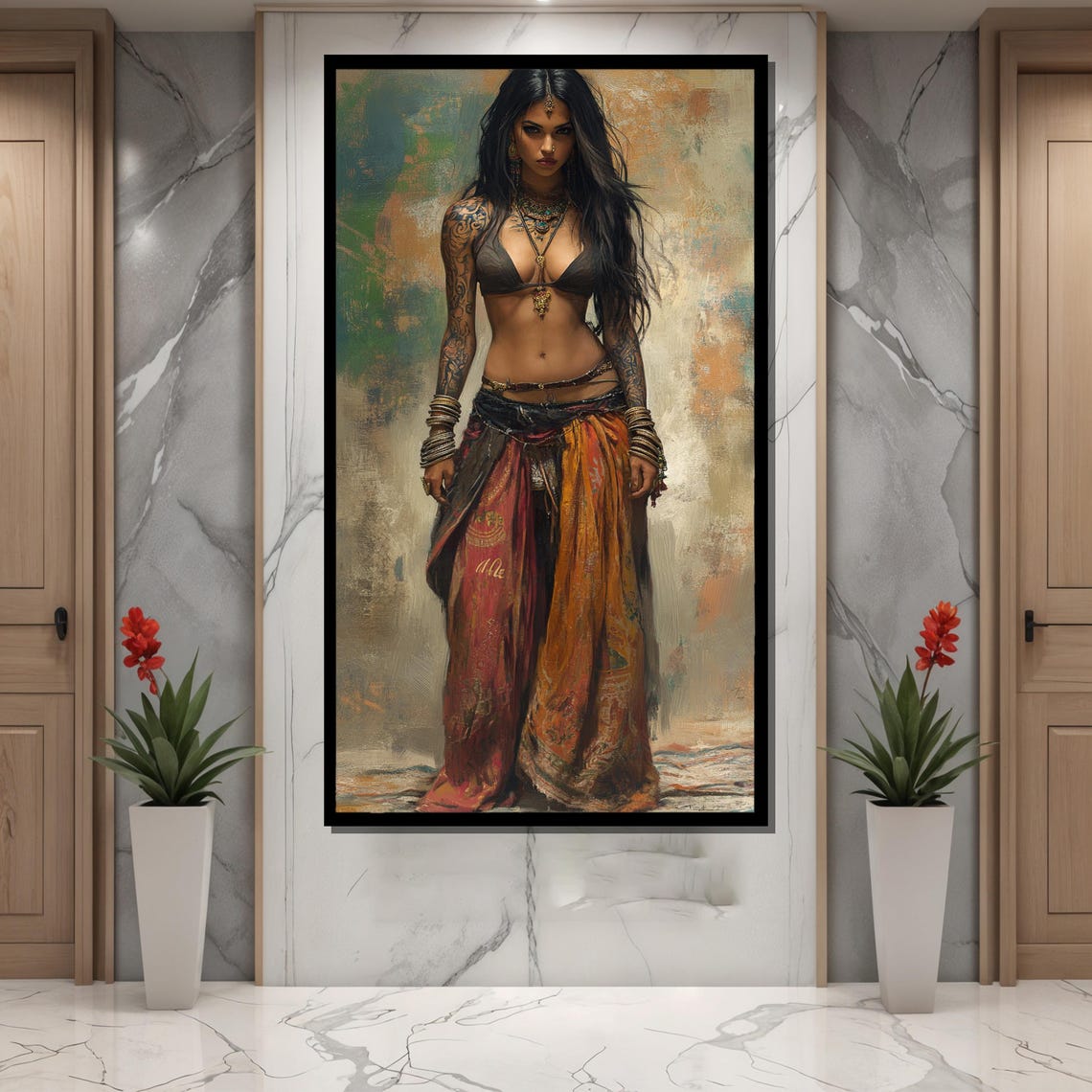 Bold Ethnic Beauty Painting Full Body Indian Woman In Vibrant Traditional Attire Perfect Cultural Art Gift - Image 4