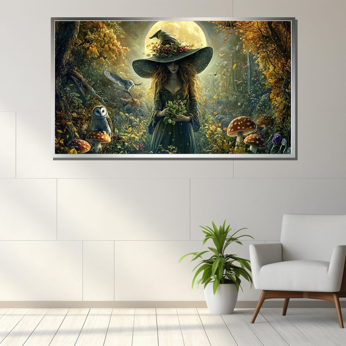 Woodland Witch Gathering Herbs with Owls Under Full Moon Poster - Image 3