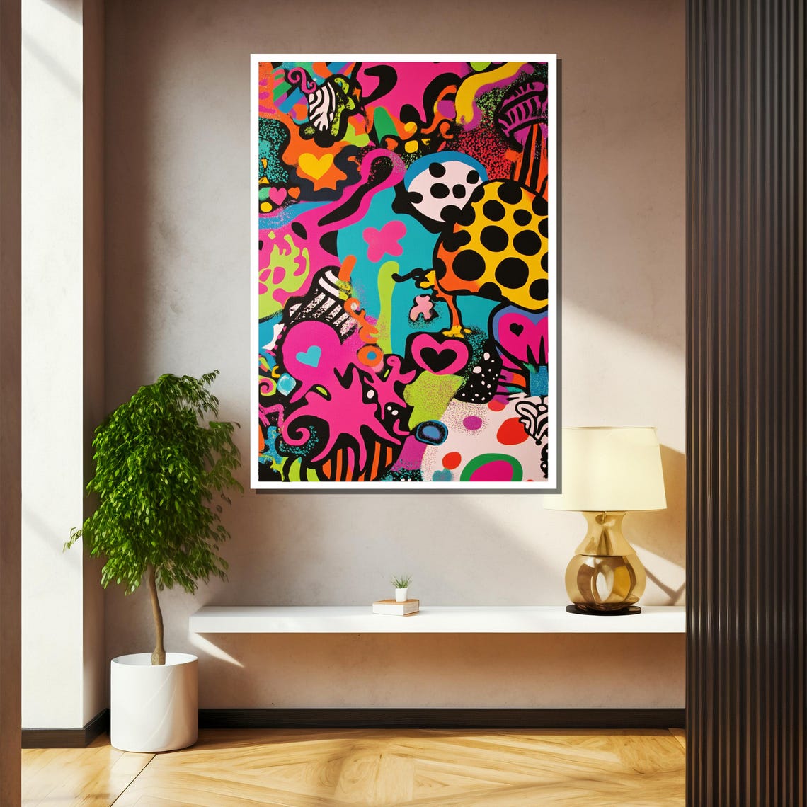 Neon Psychedelic Abstract with Hearts and Polka Dots Pop Art Poster - Image 2