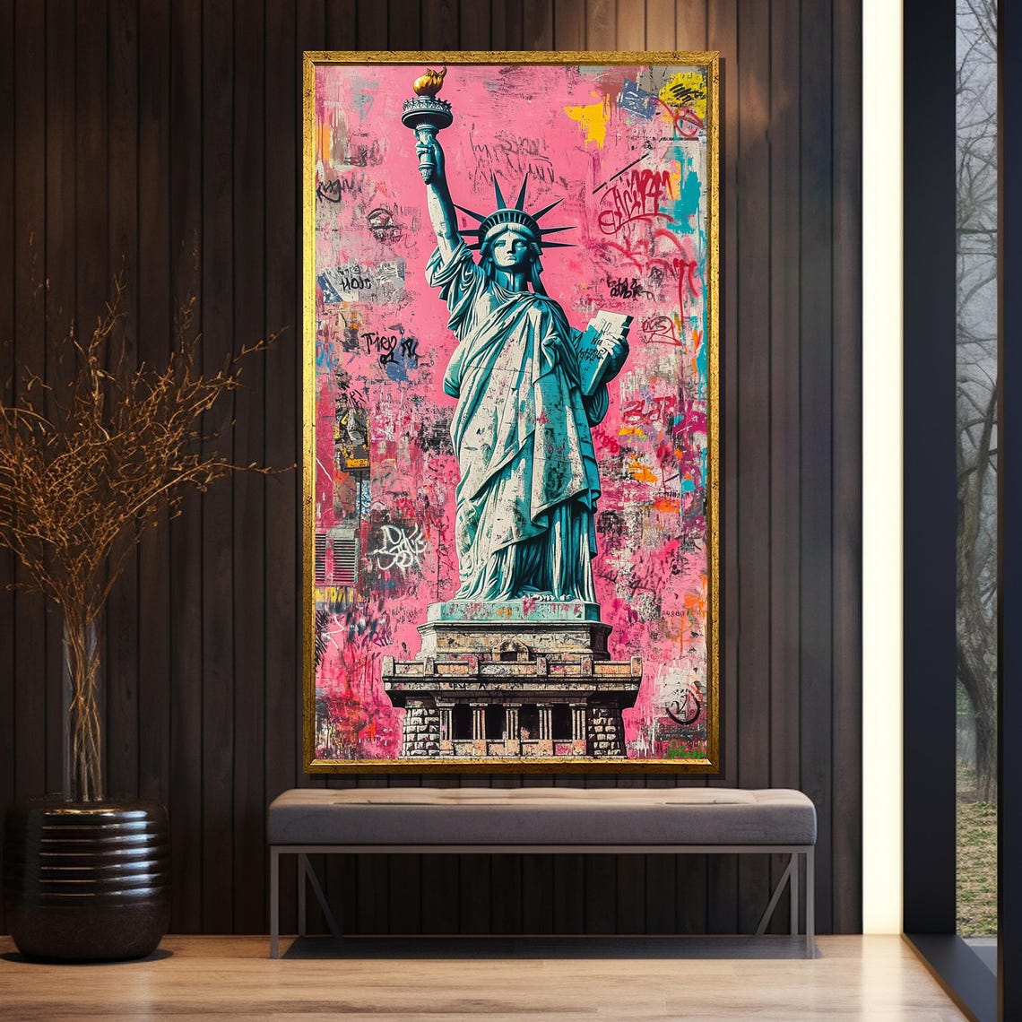 Statue Of Liberty Over Hot Pink Graffiti Street Art Background Poster - Image 5