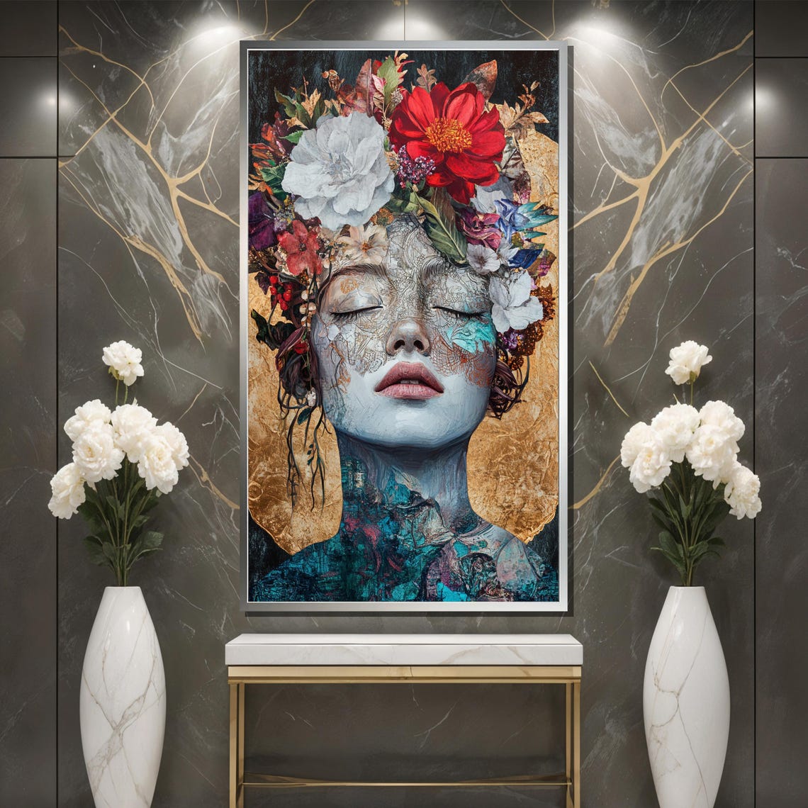 Floral Goddess Serene Portrait Gold Leaf Flower Crown Poster - Image 3