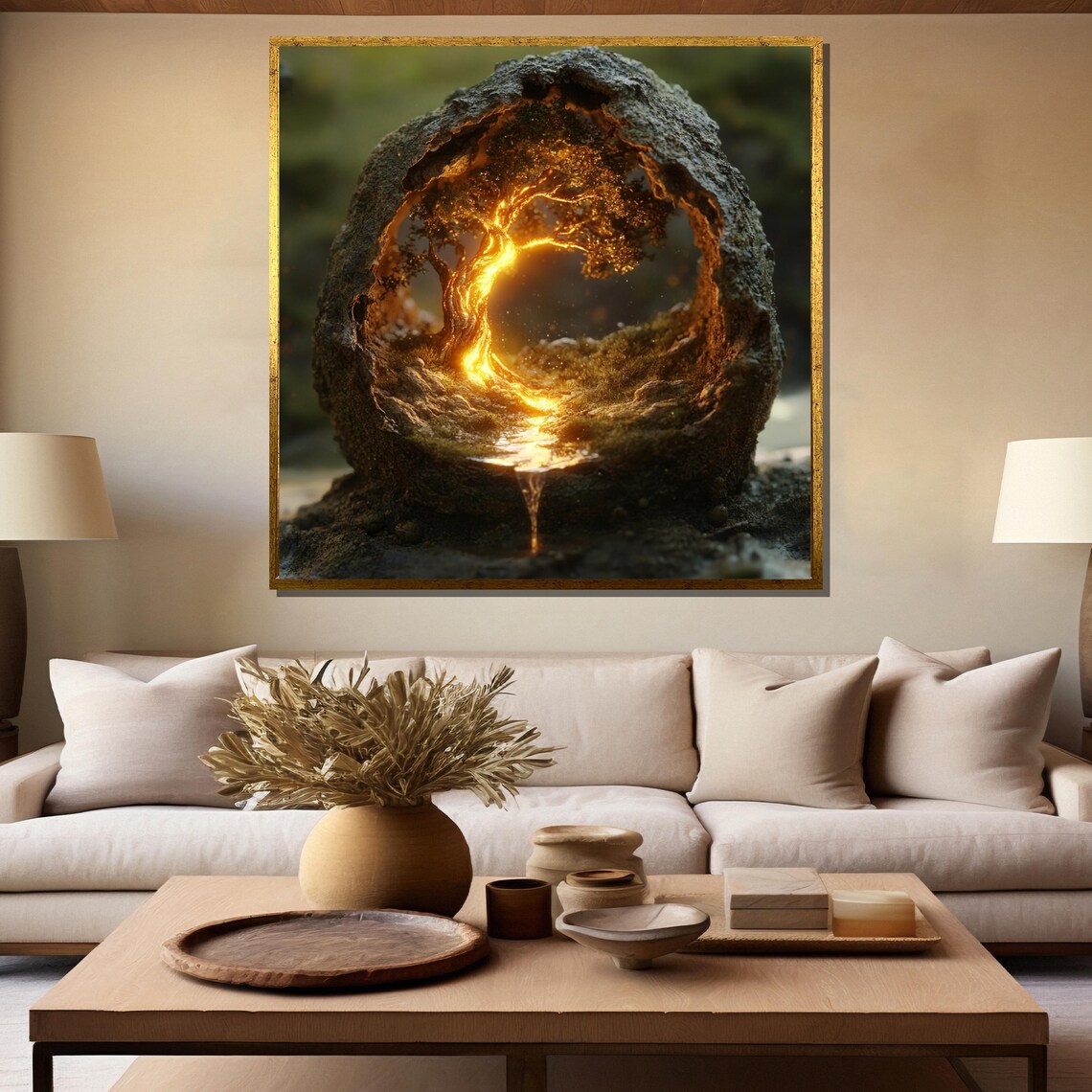 Glowing Golden Tree Inside Hollow Stone with Trickling Water Poster - Image 5