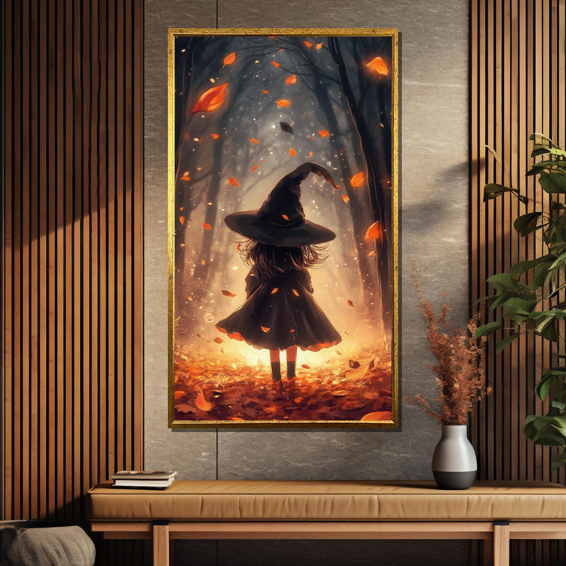 Little Witch Walking Through Autumn Leaves in Glowing Forest Poster - Image 5