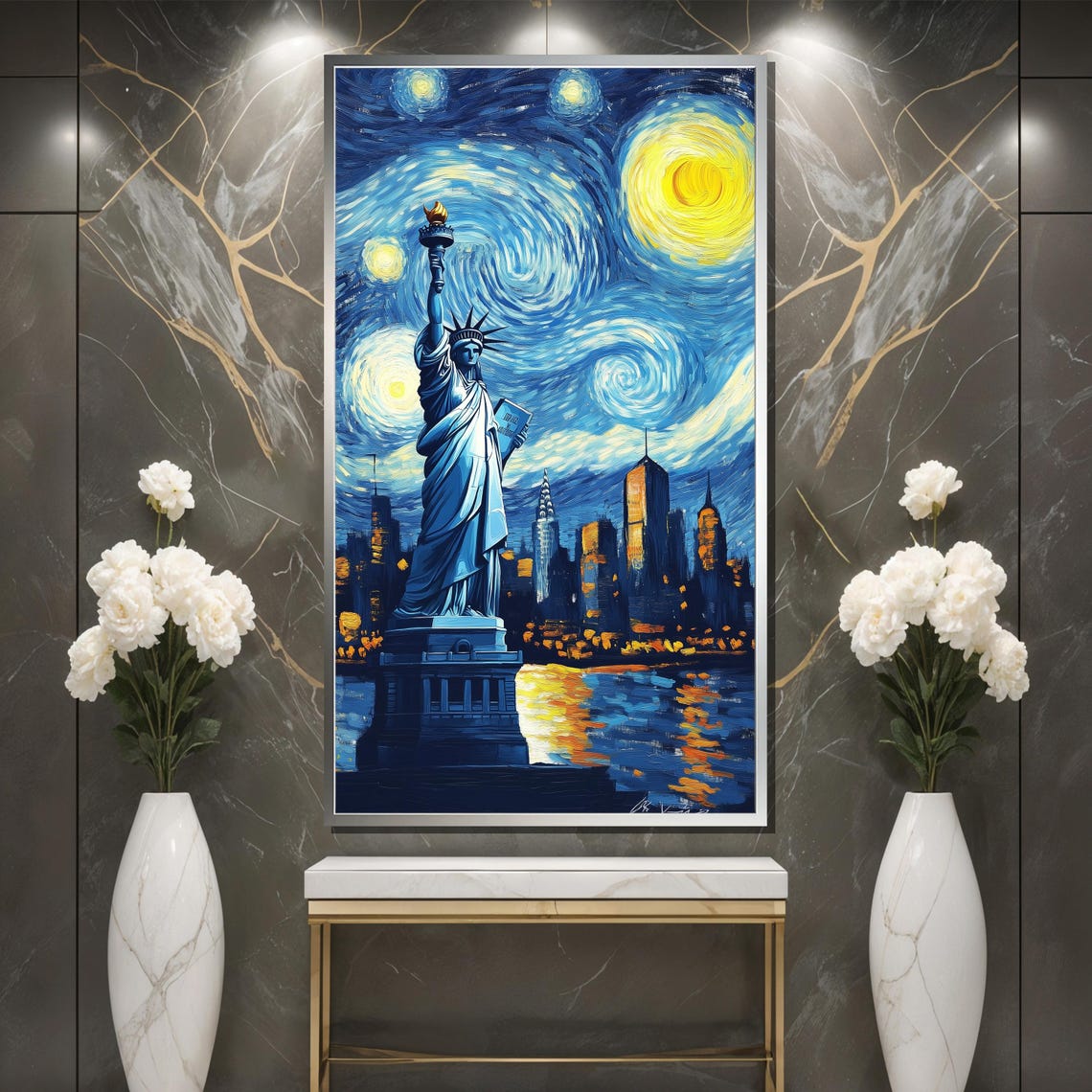 Statue Of Liberty Under Swirling Van Gogh Starry Night Poster - Image 3