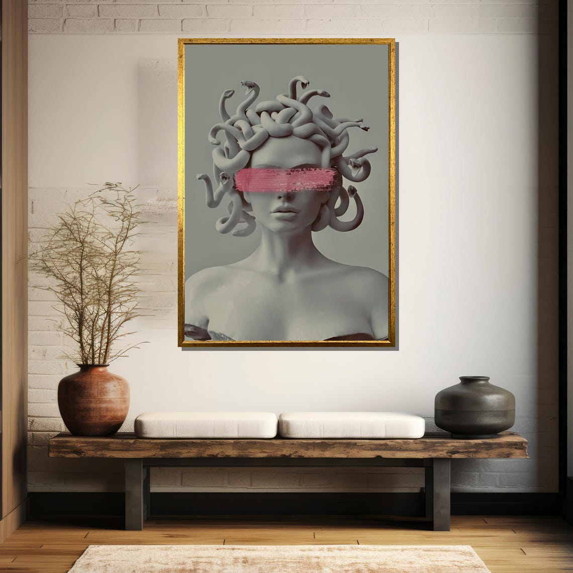 Grey Medusa Bust With Pink Brushstroke Across Closed Eyes Poster - Image 5