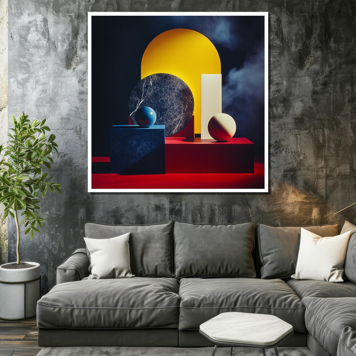 Dramatic Red and Blue Geometric Still Life with Yellow Arch Poster - Image 2