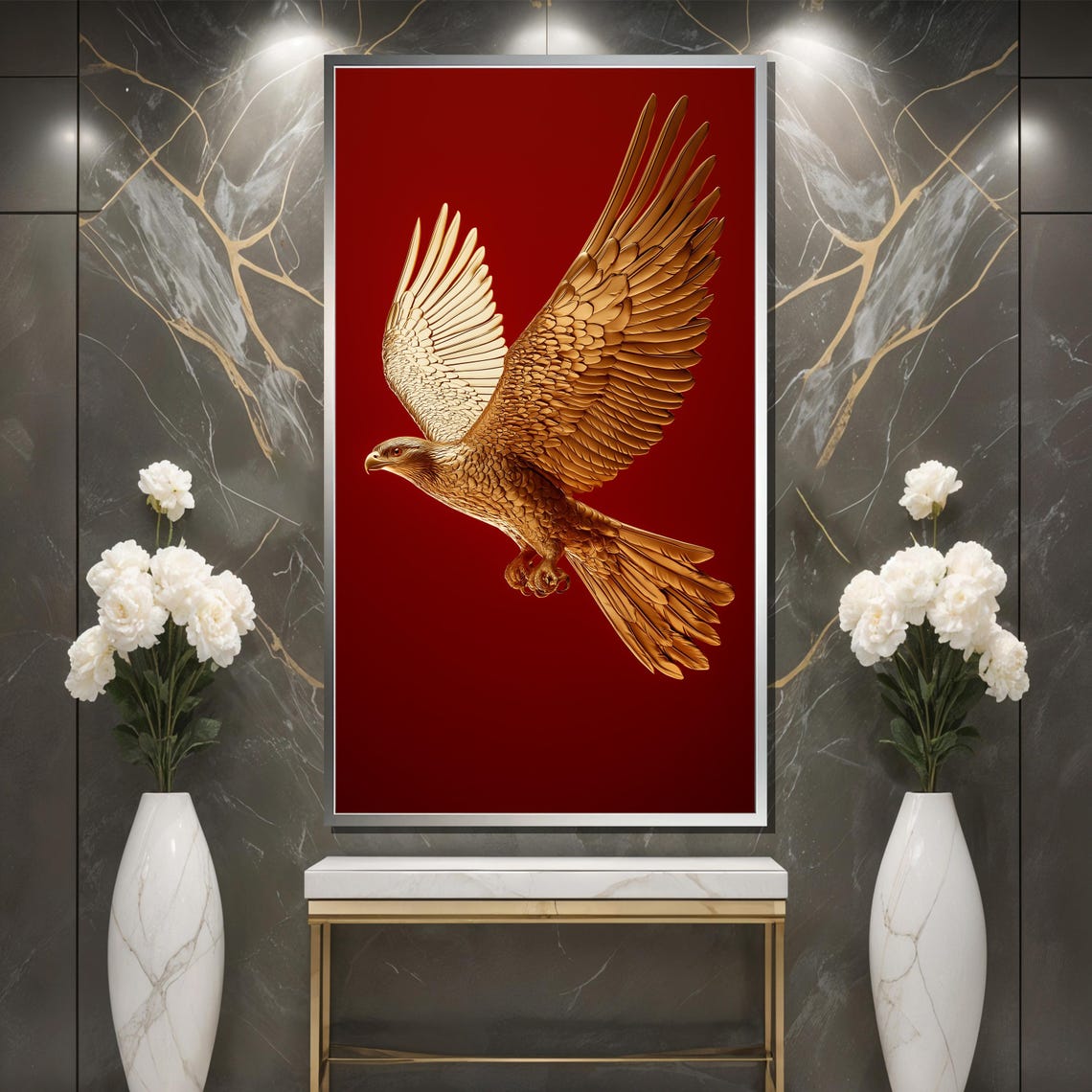 Golden Eagle Sculpture in Flight Against Deep Red Backdrop Poster - Image 3