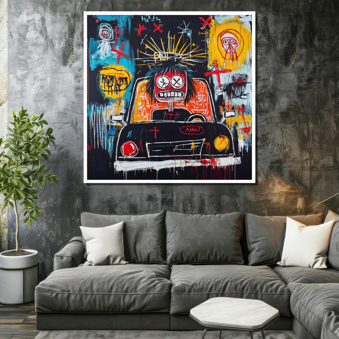 Basquiat-Inspired Skull Driver in a Black Car Neo-Expressionist Poster - Image 2