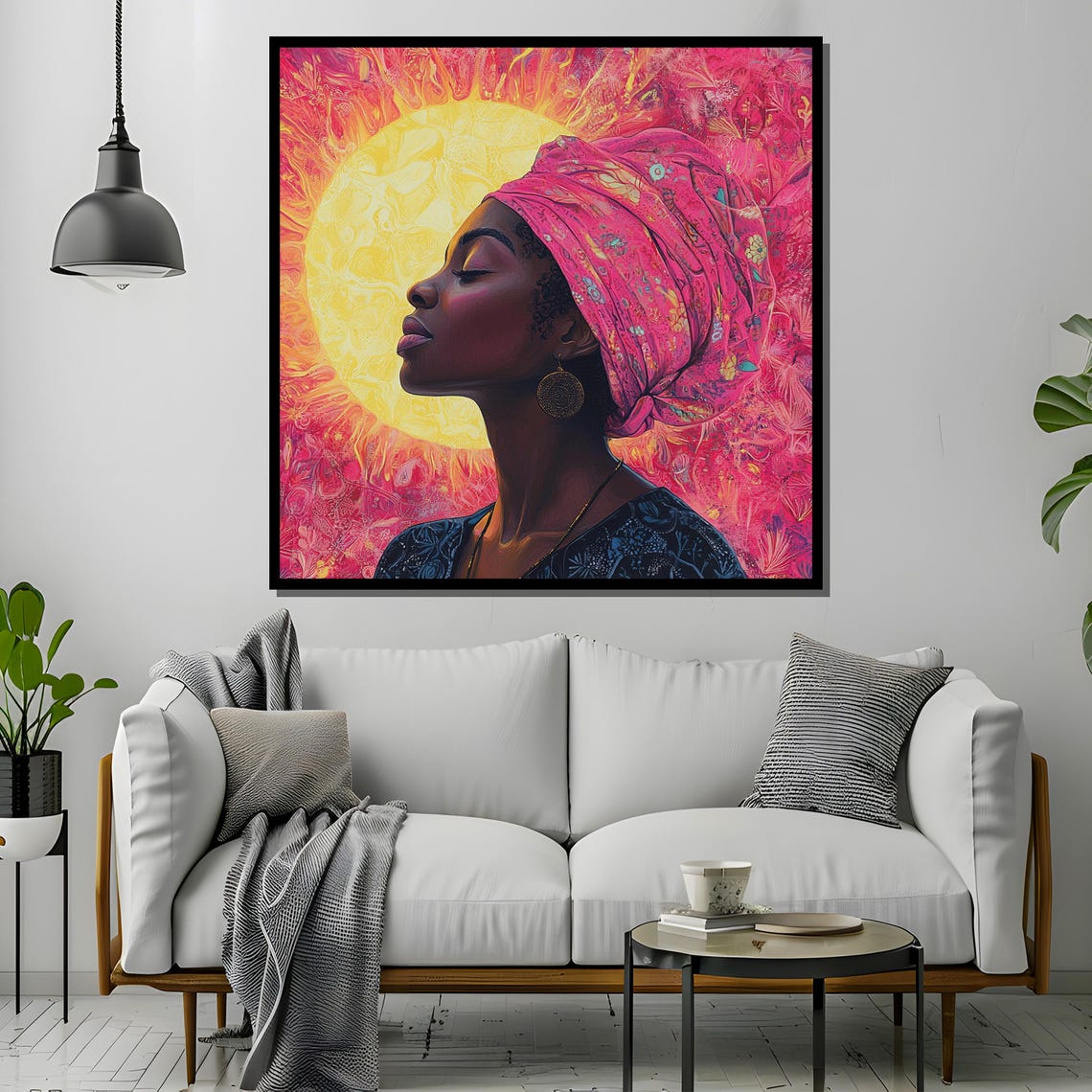 Radiant African Woman in Pink Headwrap Before Golden Sun Poster - Image 4