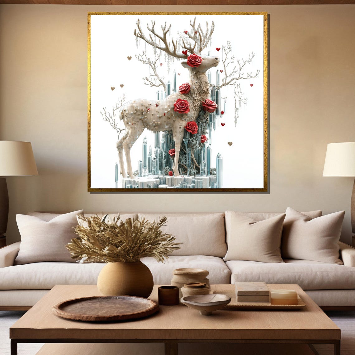 White Crystal Deer Adorned with Red Roses Ice Sculpture Art Poster - Image 5