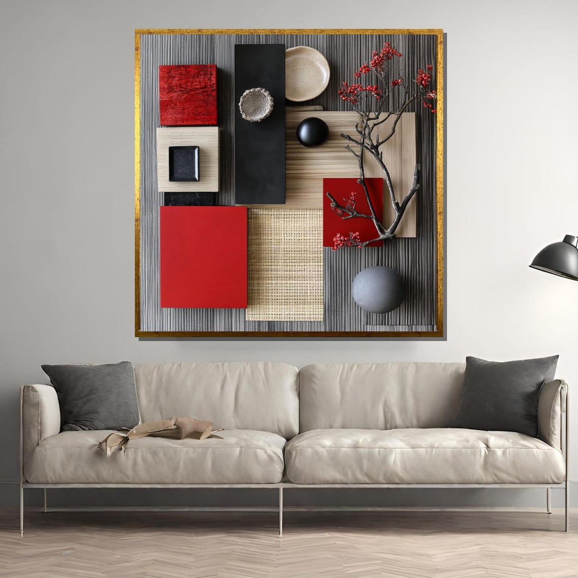 Japanese Minimalist Still Life with Red Blocks and Berry Branch Poster