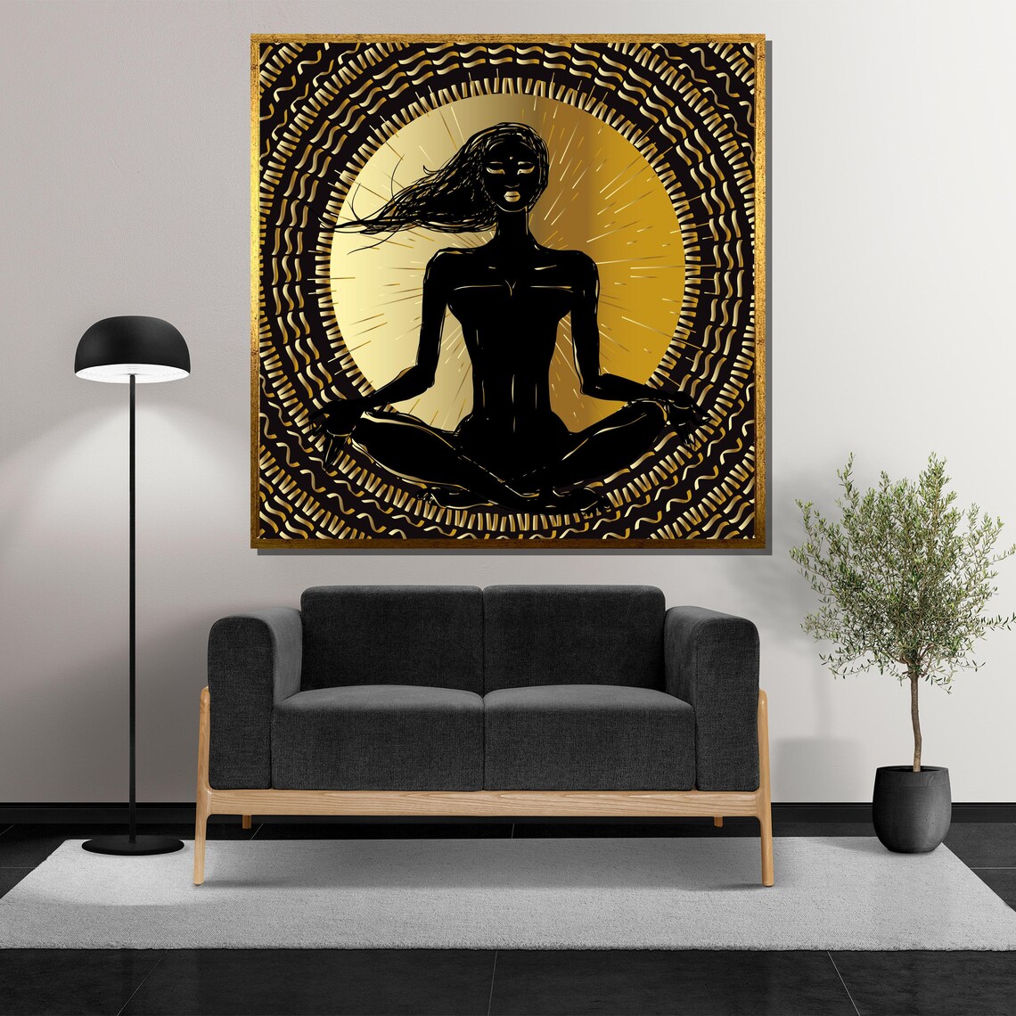 Golden Aura Meditating Woman with Radiant Sun Halo Art Poster - Image 5
