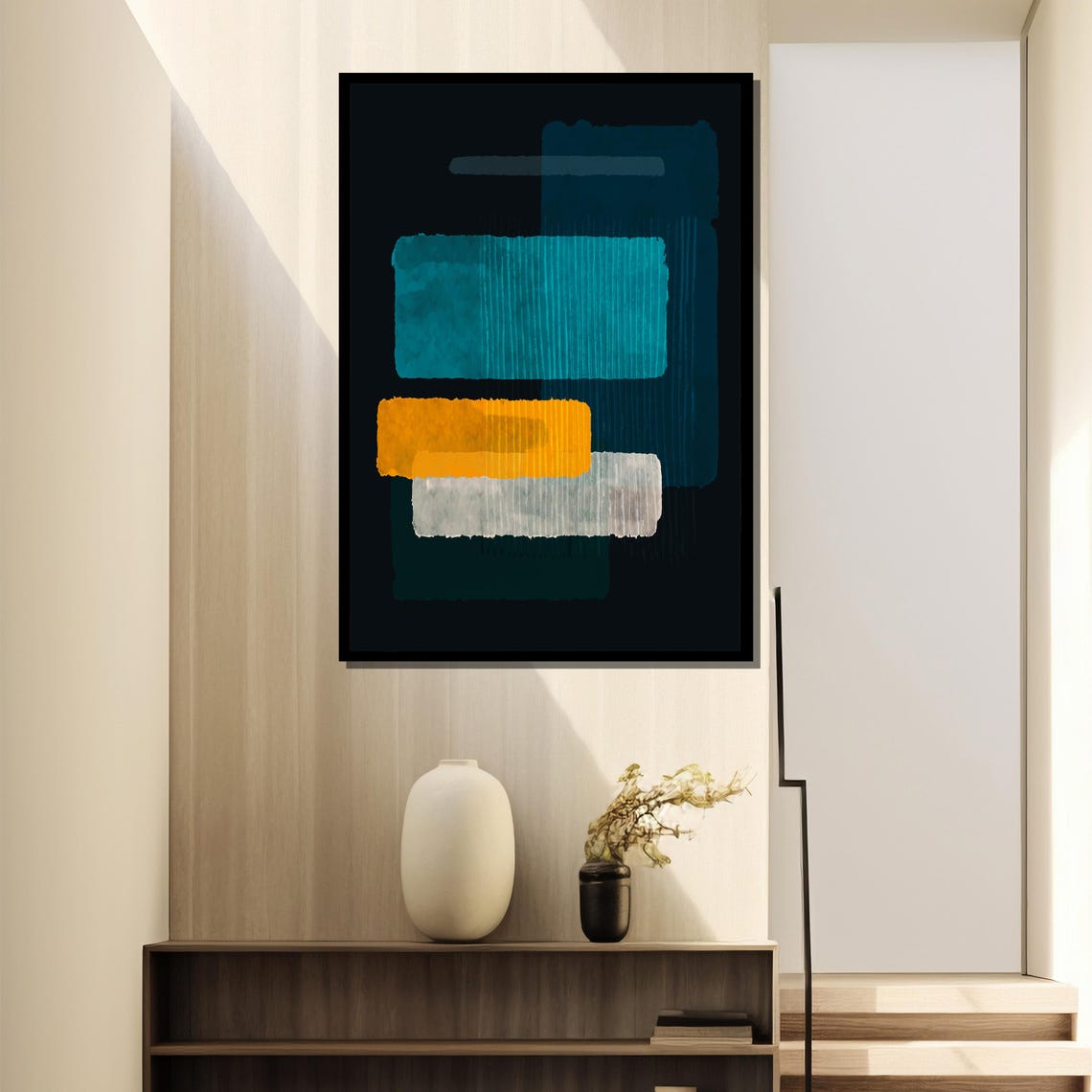 Teal Mustard And White Blocks On Black Abstract Geometric Poster - Image 4