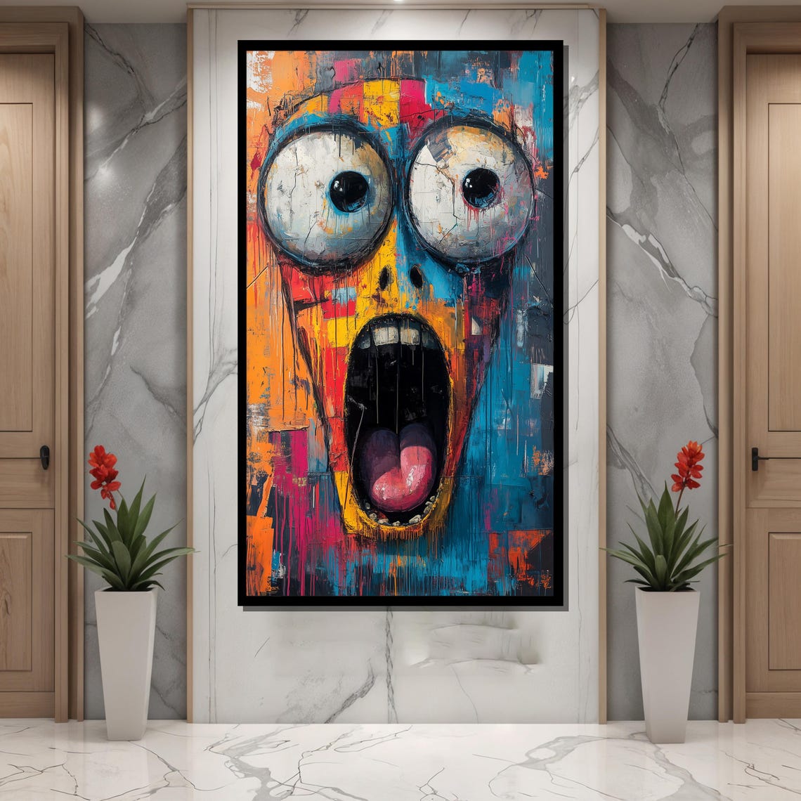 Screaming Face Graffiti with Huge Eyes in Orange Teal and Pink Poster - Image 4