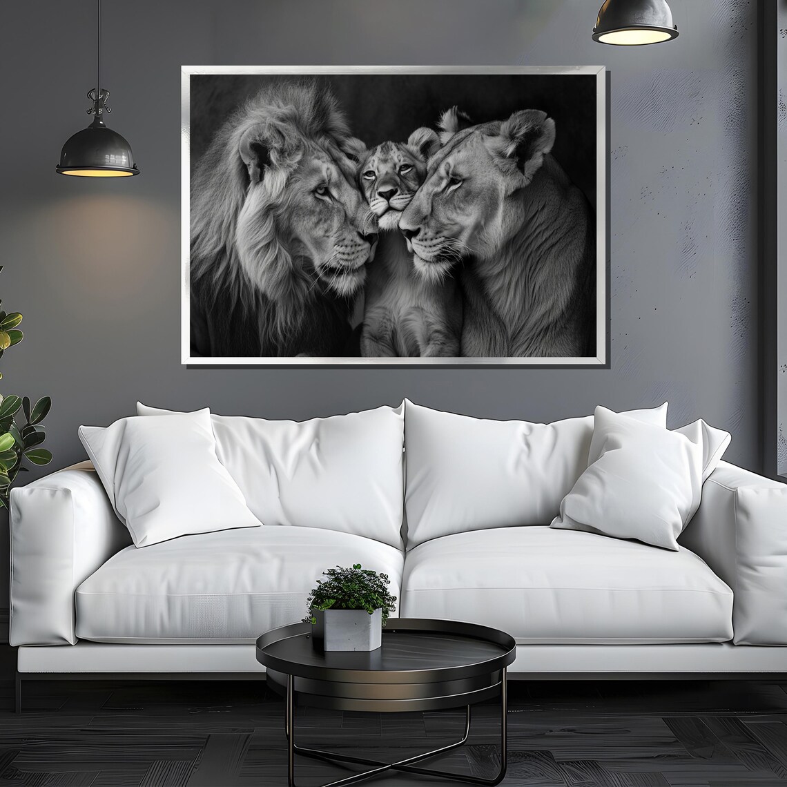 Black And White Lion Family Majestic Wildlife Portrait Poster - Image 3