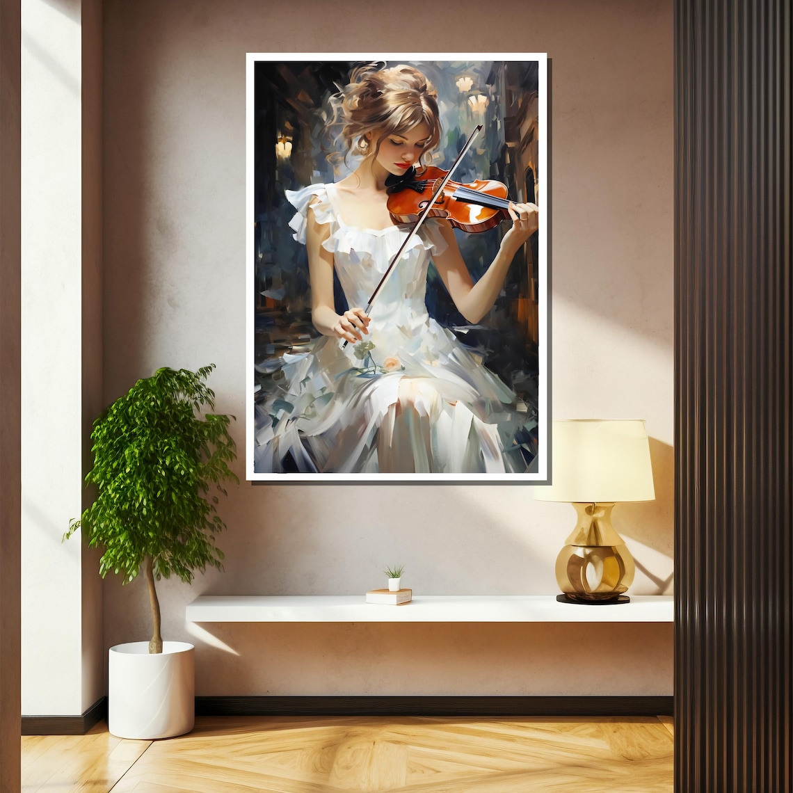 Woman In Flowing White Gown Playing Violin Oil Painting Poster - Image 2