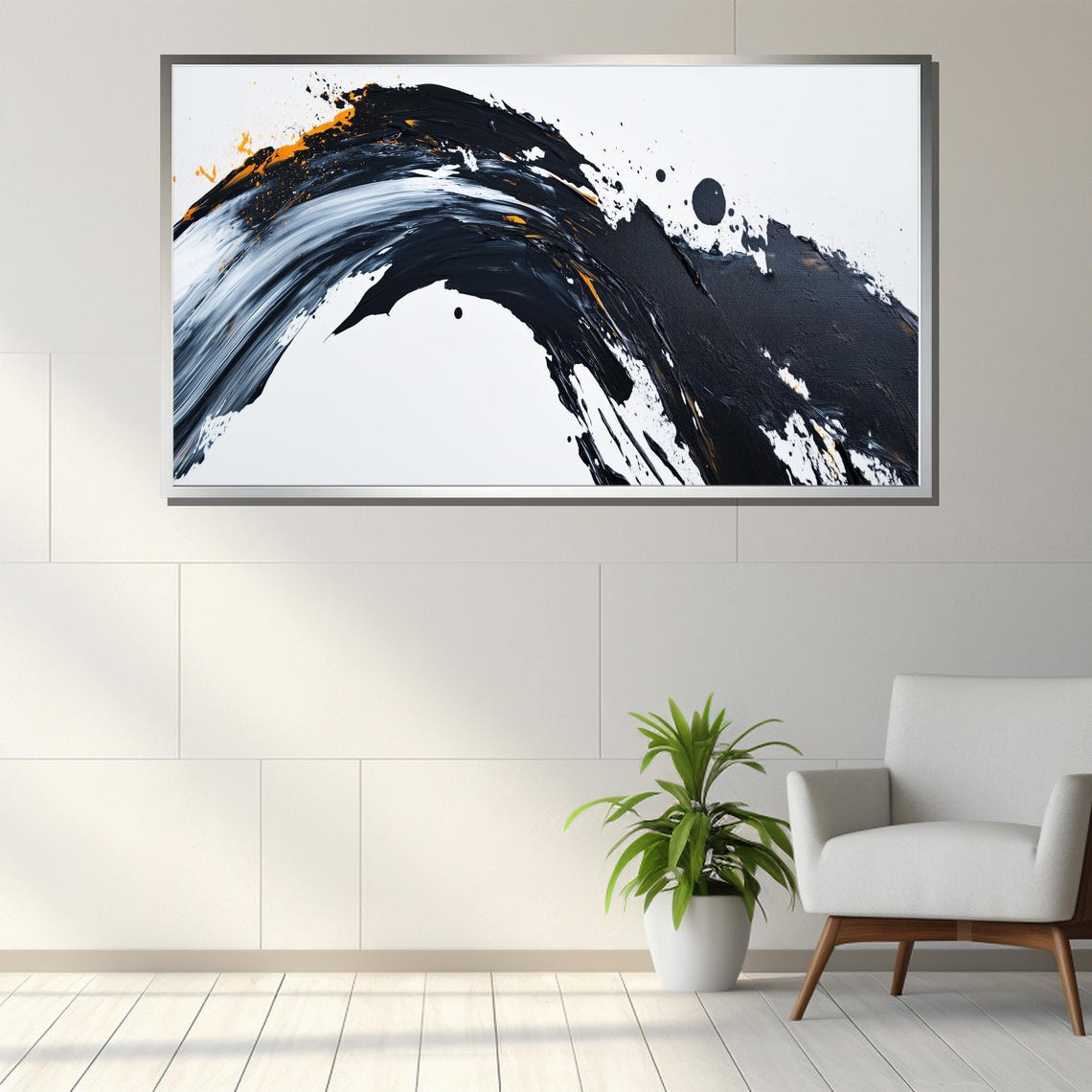 Bold Black Brushstroke Wave With Orange Minimalist Art Poster - Image 3