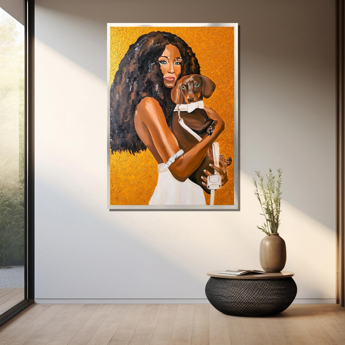 Modern Woman Hugging Dachshund On Textured Gold Portrait Poster - Image 3