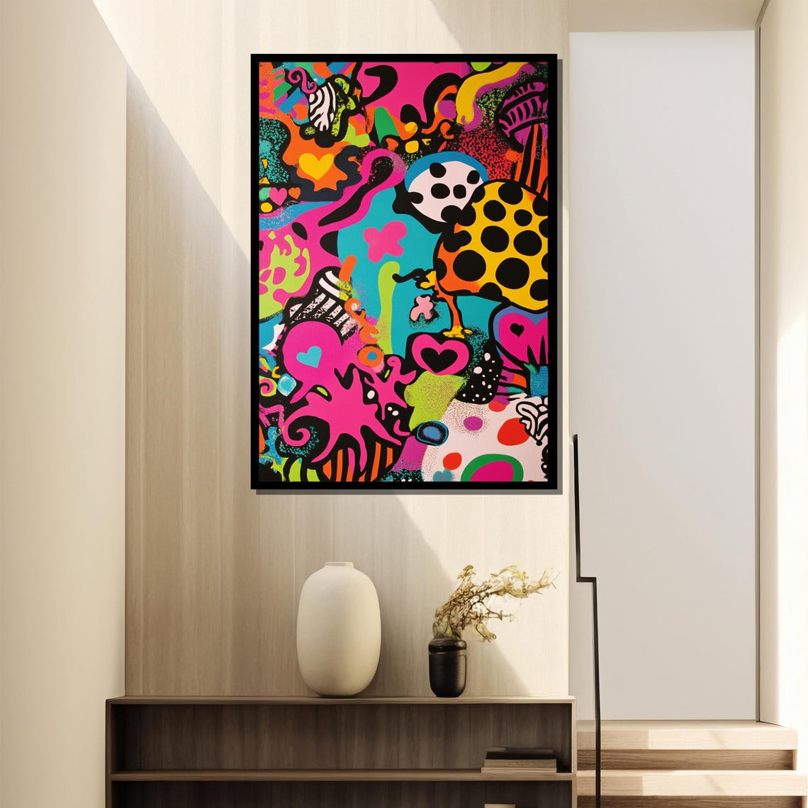 Neon Psychedelic Abstract with Hearts and Polka Dots Pop Art Poster - Image 4