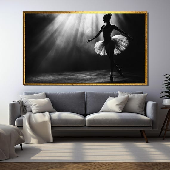 Graceful Ballerina In Spotlight Black And White Painting Celebrating Ballet Elegance Ideal Gift For Dance Lovers