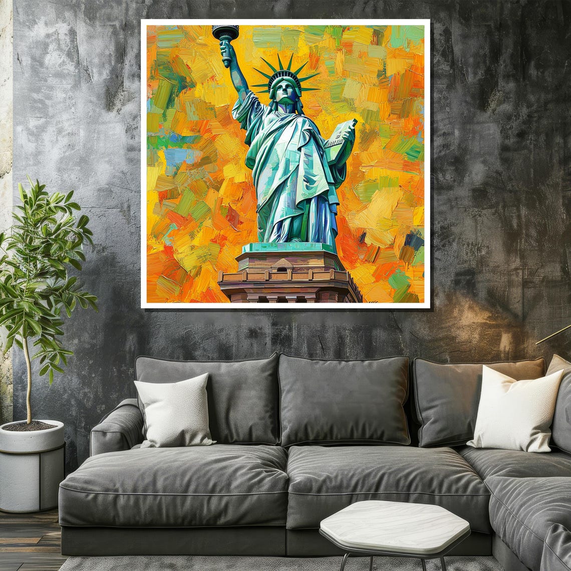 Statue Of Liberty Impressionist Brushstrokes Golden Sky Poster - Image 2