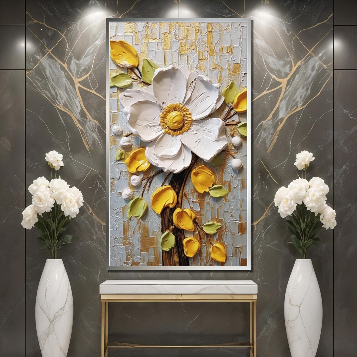 Elegant White Anemone Textured 3D Floral Painting Golden Wall Art - Image 3